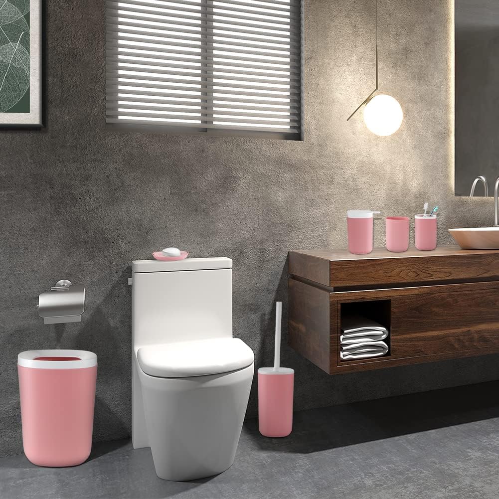 Otostar 6 Piece Bathroom Accessory Set Plastic Bath Accessories Bathroom Gifts Set with Soap Dispenser Toothbrush Holder Tumbler Soap Dish Toilet Brush Holder Trash Can Decor Countertop (Light Pink)