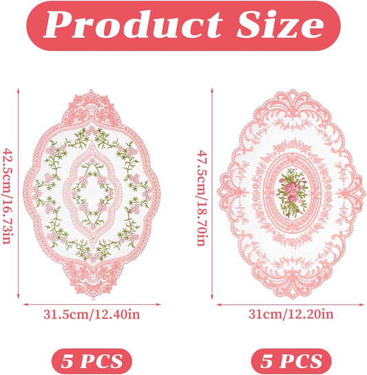10 Pcs Lace Placemats 12''x16'' Pink Retro Lace Doilies Oval Embroidered Table Place Mats Vintage French Crochet Doilies Flower Coasters Cup Mat for Home Kitchen Wedding Cup Vase Table Decor