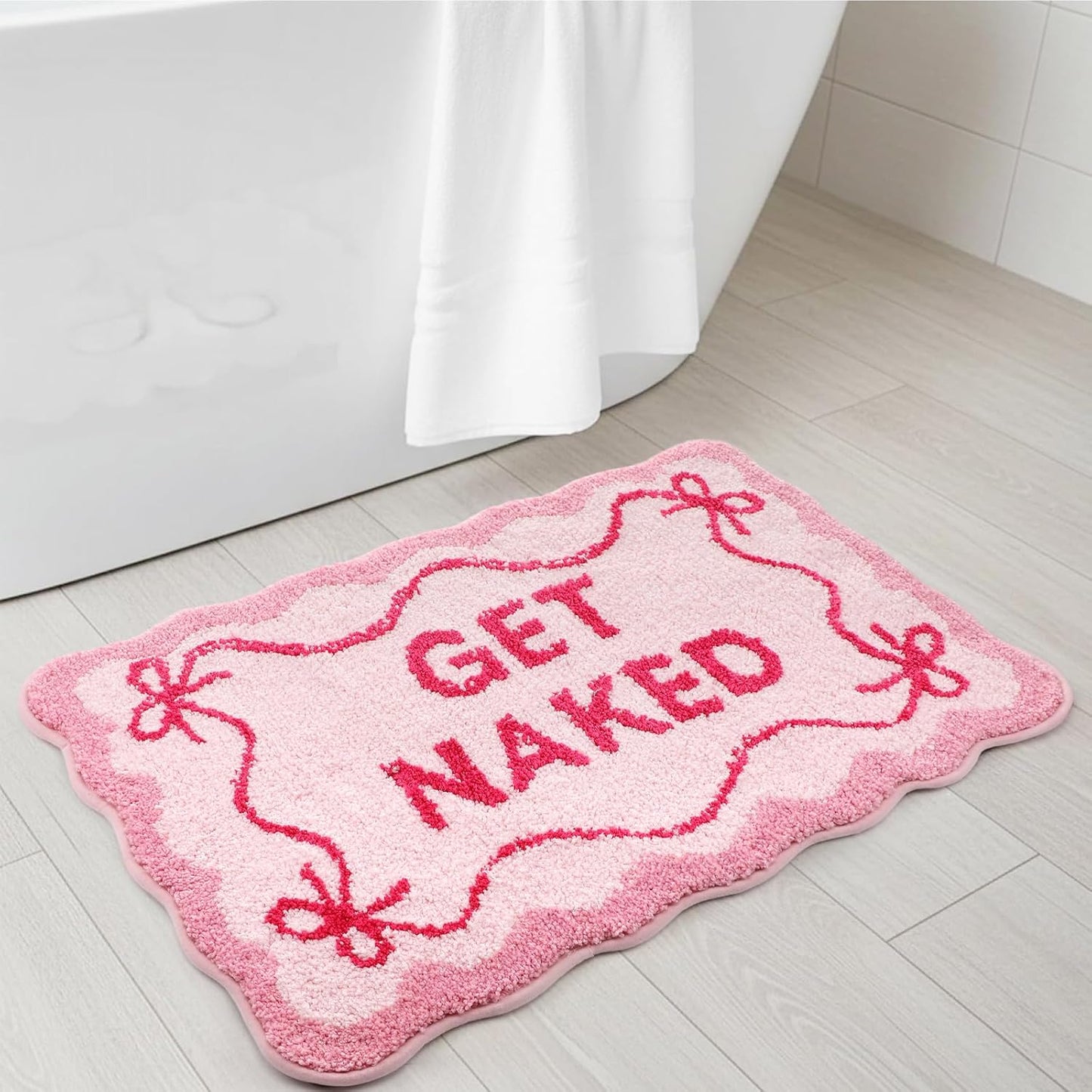 Drydiet Get Naked Bath Mat Pink Bow Bathroom Rugs 32" x 20" Humorous Scalloped Bathroom Decoration Non-Slip Machine Washable Absorbent Plush Bath Floor Carpet for Party Gifts Bathtub Shower