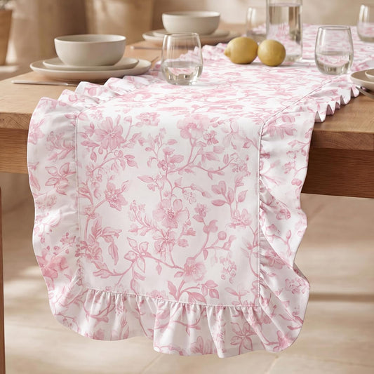 Tegeme 14 x 72 Inch Pink Floral Ruffled Table Runner Polyester Decorative Farmhouse Table Runner Vintage Cabinet Cover for Home Dinner Kitchen Party Decorations