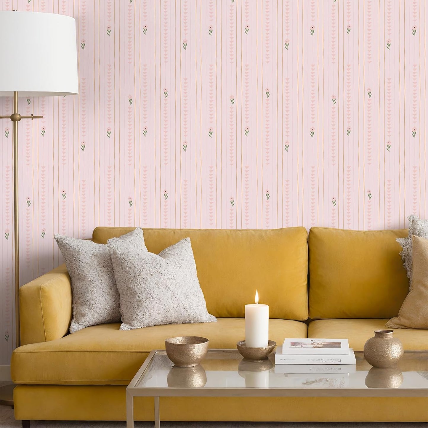 CRE8TIVE Cute Light Pink Floral Peel and Stick Wallpaper for Nursery Girls Bedroom Vertical Stripes Triangles Art Deco Wallpaper Removable Pink Contact Paper for Cabinets Drawers Accent Walls 12"x118"