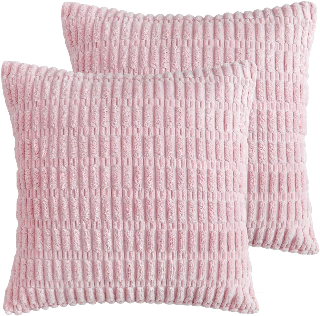 Corduroy Decorative Throw Pillow Covers, Boho Stripe Soft Square Cushion Case Home Decor for Living Room Couch Bed Sofa, Set of 2 Pack, Pink, 18x18 Inch