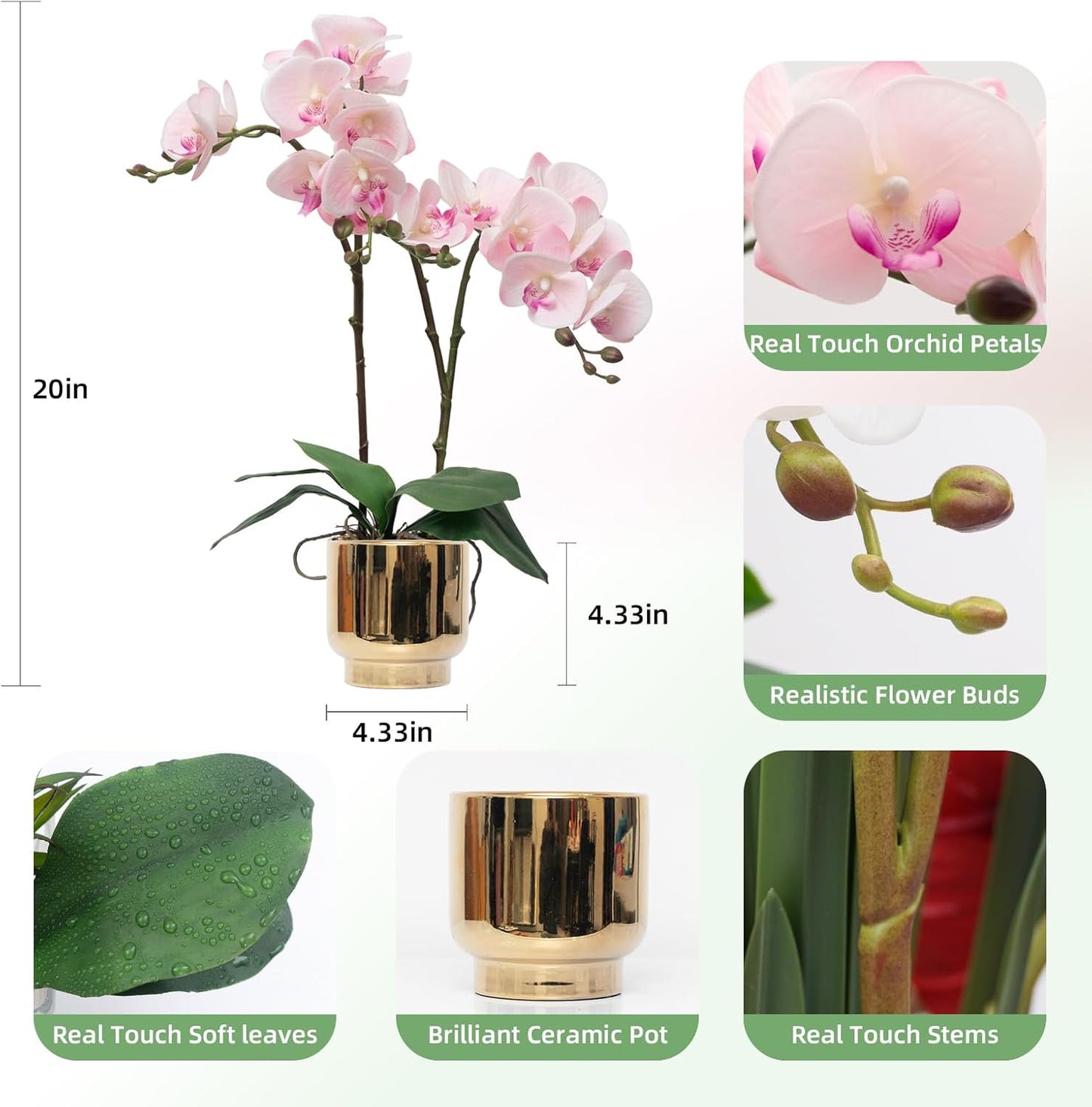 CXGS Orchids Artificial Flowers Real Touch Fake Flowers in Ceramic Pot 20" Pink Faux Orchid Plant Lifelike Silk Phalaenopsis for Centerpiece Hotel Home Indoor Decor