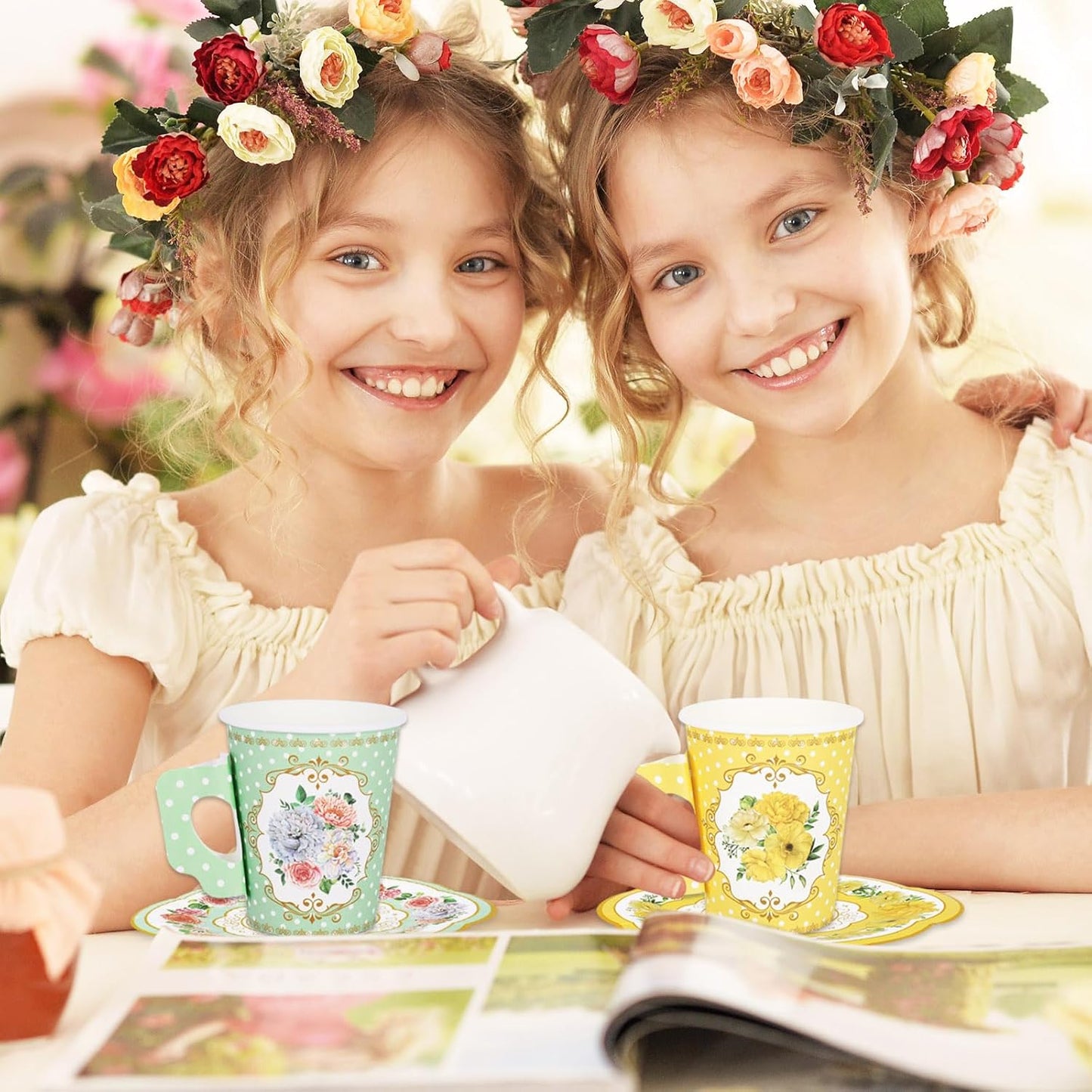 JarThenaAMCS 120Pcs Spring Tea Party Decorations 9oz Pink Yellow Blue Green Floral Paper Tea Cups with Handle Flower Saucers for Mother's Day Party Tableware Girls Women Birthday Supplies, 60 Set