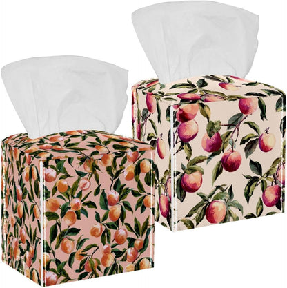 Pink Peach Pattern (2) Tissue Box Holder, PU Leather Tissue Box Cover Square, Paper Facial Decorative Tissues Cover for Night Stands Bathroom Office Home Decor