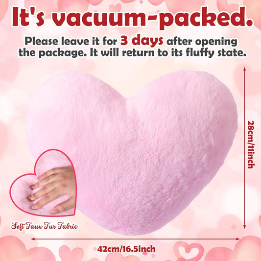 Leinuosen Set of 3 Pink Heart Throw Pillow and 18" Pillow Covers Soft Fluffy Faux Rabbit Fur Mother's Day Decorative Heart Pillows with Furry Stripe Pillowcase for Wedding Bed Couch Home Room Decor