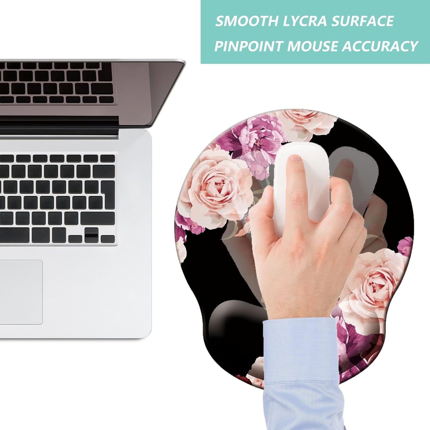Mouse Pad with Wrist Support, Ergonomic Mouse Pad with Memory Foam Wrist Rest Cushion, Non-Slip Rubber Base Gaming Mice Pad for Home Office Computer Laptop, Flowers Pink