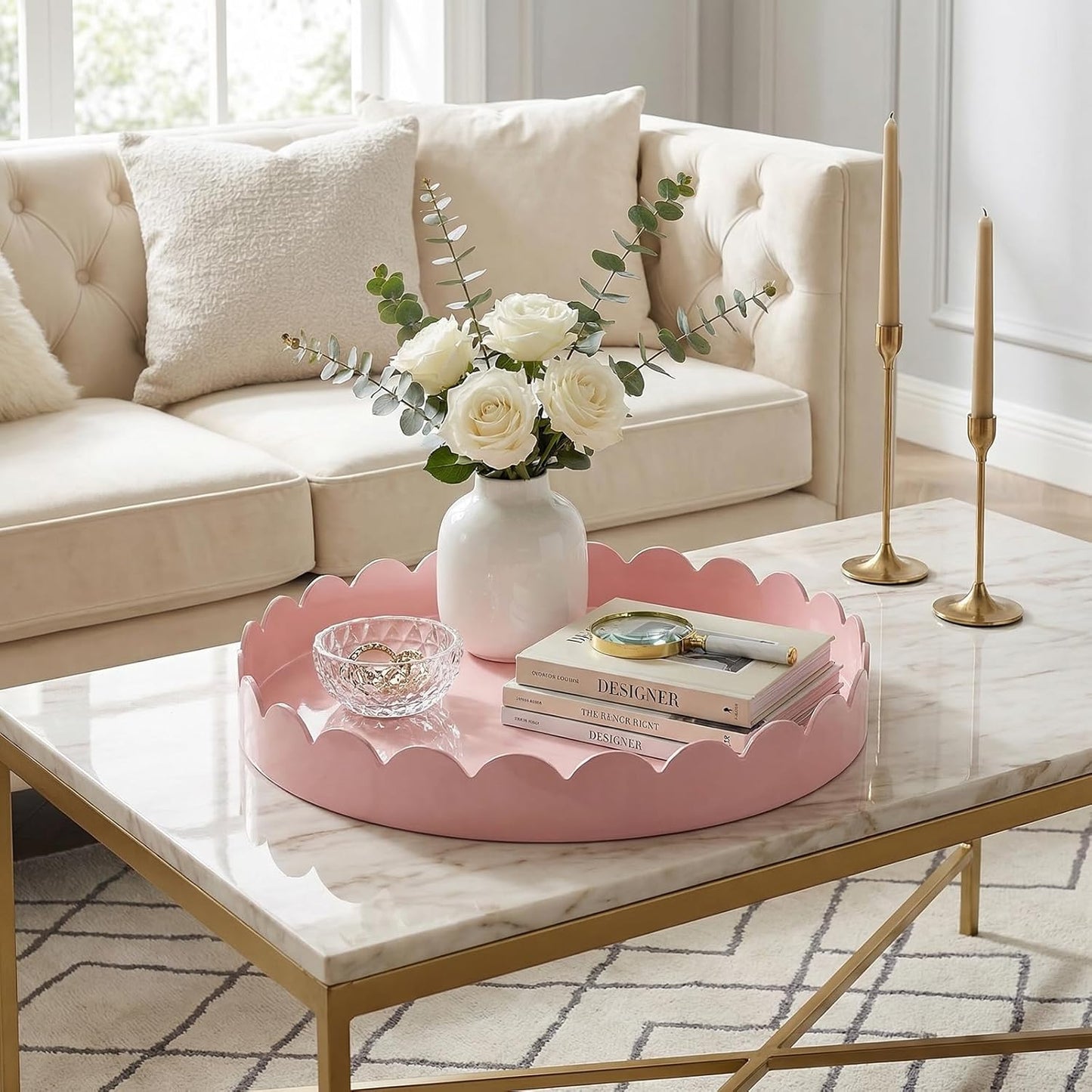 Gesodant 13" Round Scalloped Decorative Tray for Coffee Table Decor, Candle & Perfume Tray, Dining Table Centerpiece & Aromatherapy Candle Display, Modern Glossy Lacquer Look (Pink)