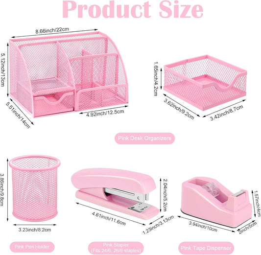 auroray Pink Desk Organizers and Accessories, Pink Office Supplies Include Mesh Desk Organizer, Tape Dispenser, Stapler, 1000 Staples, Staple Remover, Pen Holder, Clips Set, Ruler, Scissors