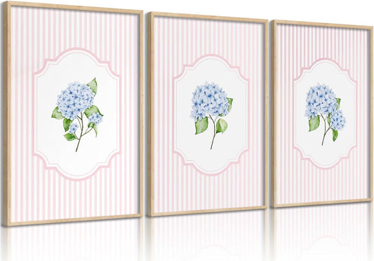 Blue Hydrangea Wall Art Pink Striped Rustic Farmhouse Floral Pictures Wall Decor Cottagecore Botanical Posters Vintage Grandmillenial Flower Painting Print Artwork for Girls Room Dorm, Unframed