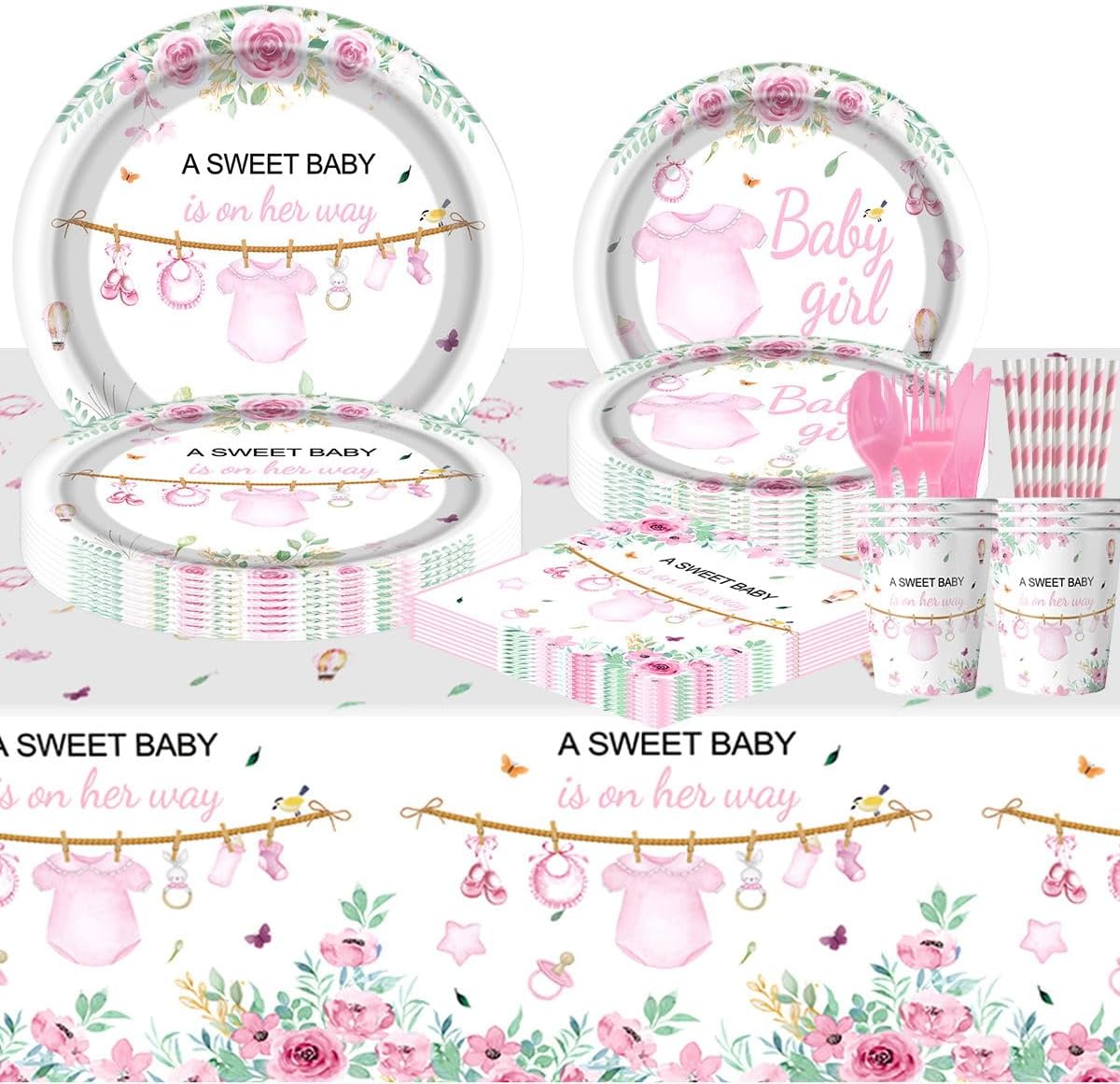 141Pcs Pink Baby Shower Decorations, Sweet Girl Tableware Set , Girls Gender Reveal Party Decorations Supplies