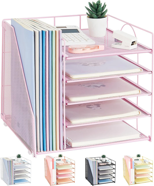 LEKETREE Desk Organizers and Accessories, 5-Tier Paper Letter Tray Organizer with File Holder, Desktop Organizer for Office Supplies (Pink)