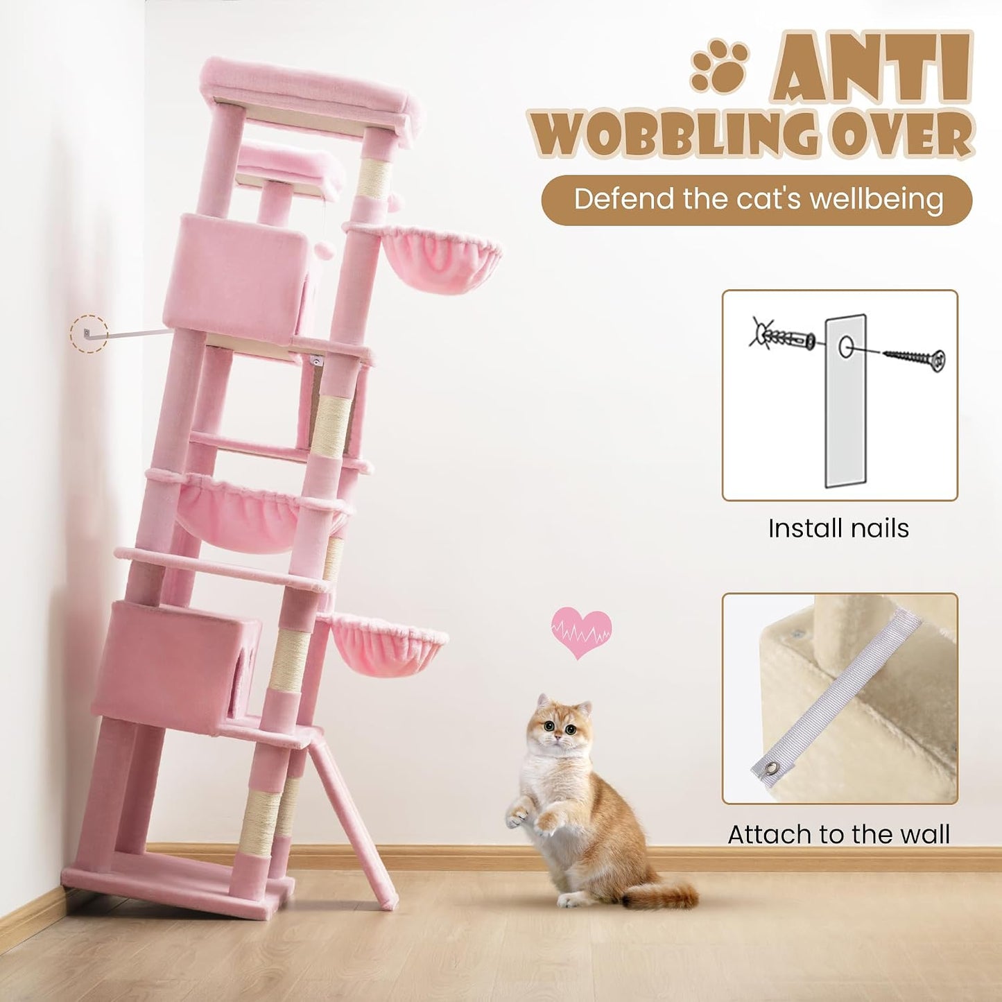 SHA CERLIN 81in Multi-Level Tall Cat Tree Tower for Indoor Kitties/Larger Cat Condo Furniture with Hammock/Cozy Pussycat Perches/Sisal Scratching Posts/Pet House/Wide Base/Pink