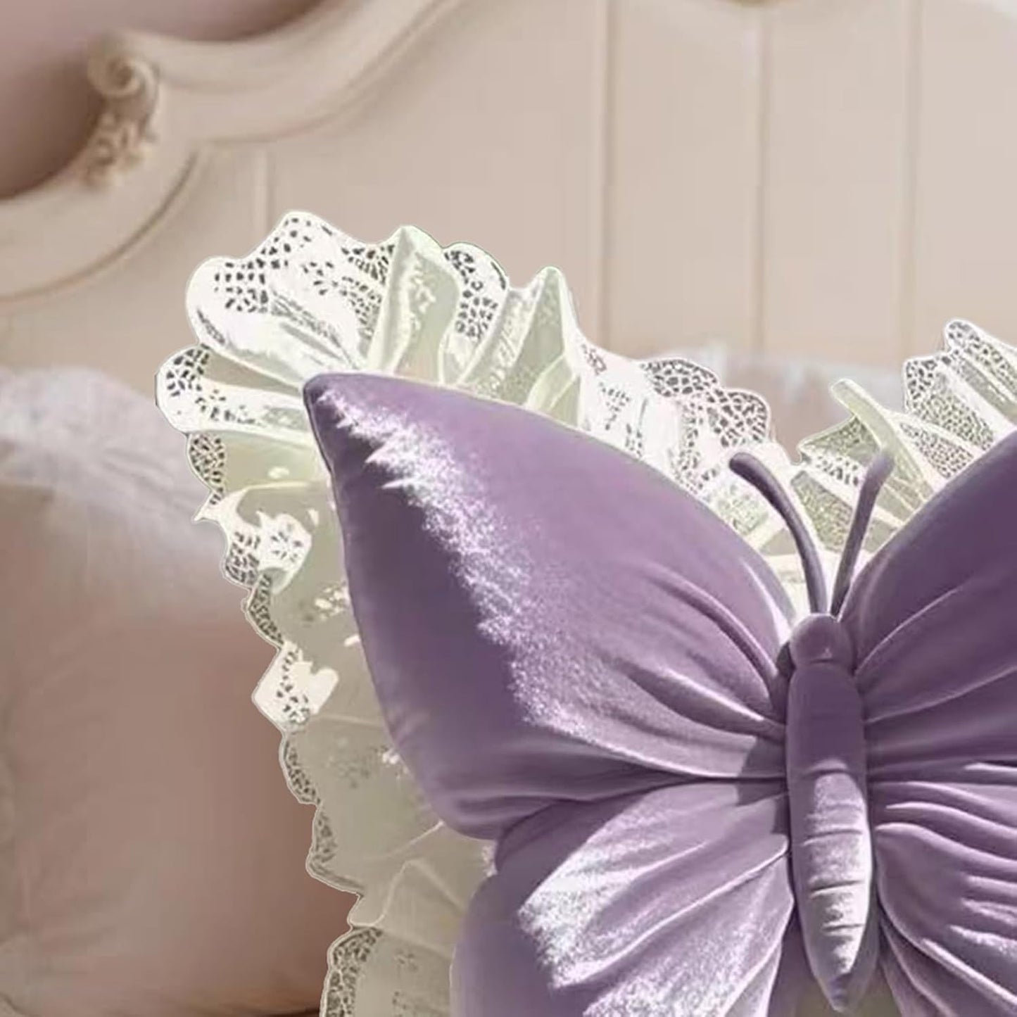 Butterfly Throw Pillow with Lace Edge, 20 inch Velvet Butterfly Decorative Pillow, Animal Pillow for Couch Living Room Bed,Home Decor, Office Chair, Car Seat (Pink)