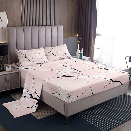 Castle Fairy Peach Blossom Sheet Set Full Size,Pink Flower Bedding Sets 4Pcs for Kids Teens Adults Room Decor,Pink Floral Fitted Sheets Botanical Theme Bed Sheet,2 Pillowcases