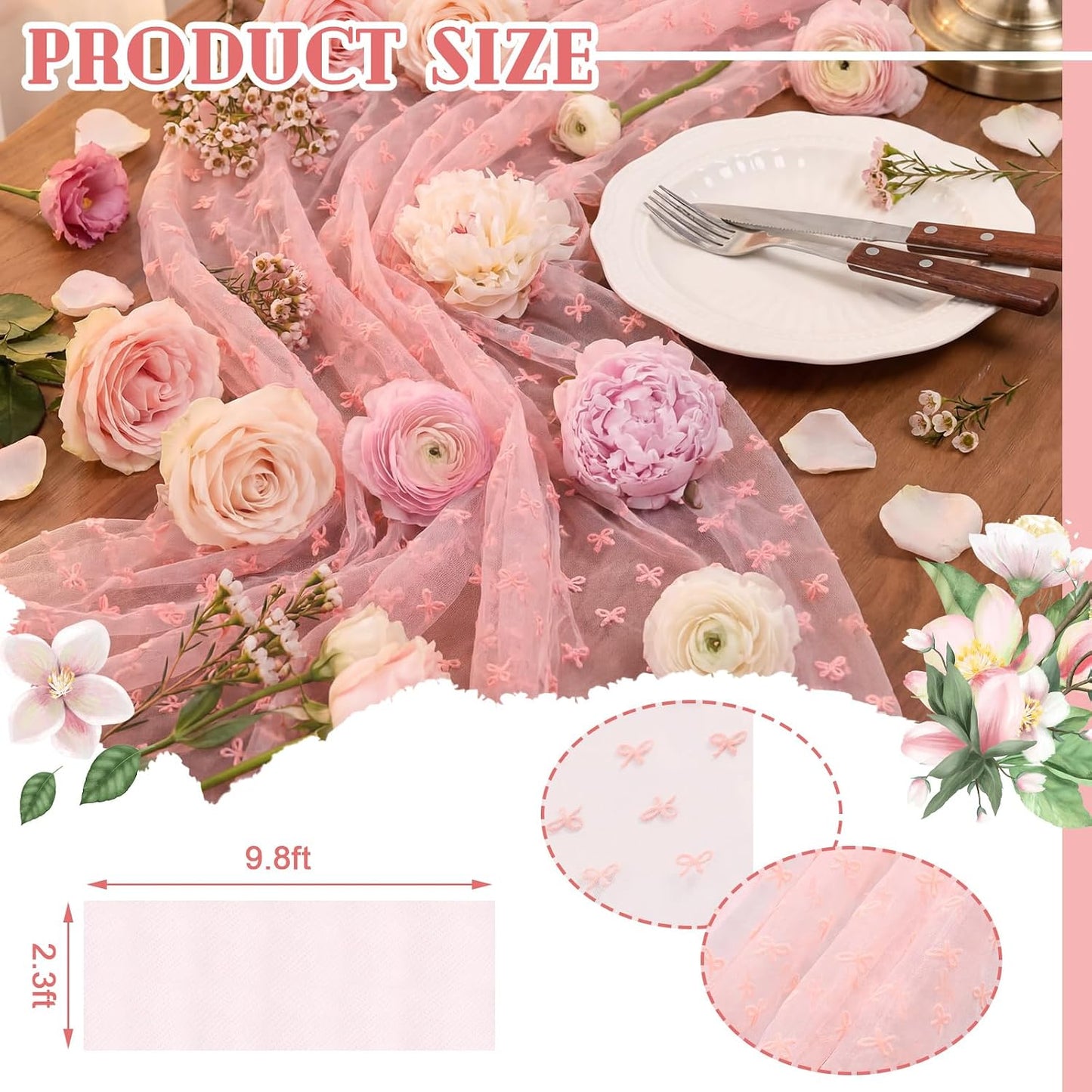 Remagr 9.8 ft Pink Bow Tulle Table Runner Embroidery Seasonal Table Decorations Tulle Fabric for Home Indoor Decor, Bridal Shower Wedding, Baby Shower Parties, Holiday DIY Craft Kitchen Decor