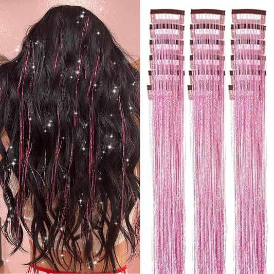 ShowJarlly Pink Hair Tinsel 18 Pcs Clip in Hair Tinsel Kit for Girls 20 Inch Glitter Hair Extensions Heat Resistant Colored Hair Extensions for Kids Clip Ins Festival Accessories for Women