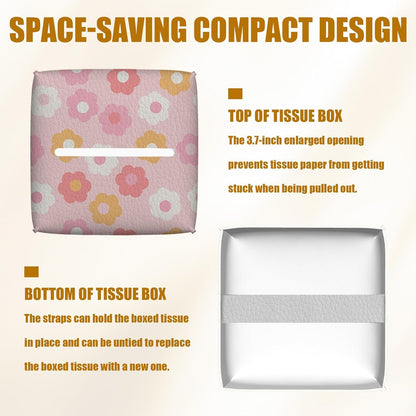 Retro Pink Flower Tissue Box Cover 2PCS, Leather Tissue Box Holder Square Facial Paper Case Tissue Box Cube Organizer for Bathroom Bedroom Desk Office