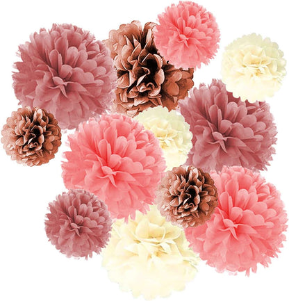 Blush Pink, Dusty Rose, Mauve, Cream Tissue Paper Pom Poms,Hanging Paper Pompoms Wedding Bridal Shower Bachelorette Party Decoration （8Pcs 12in,4Pcs 10in）