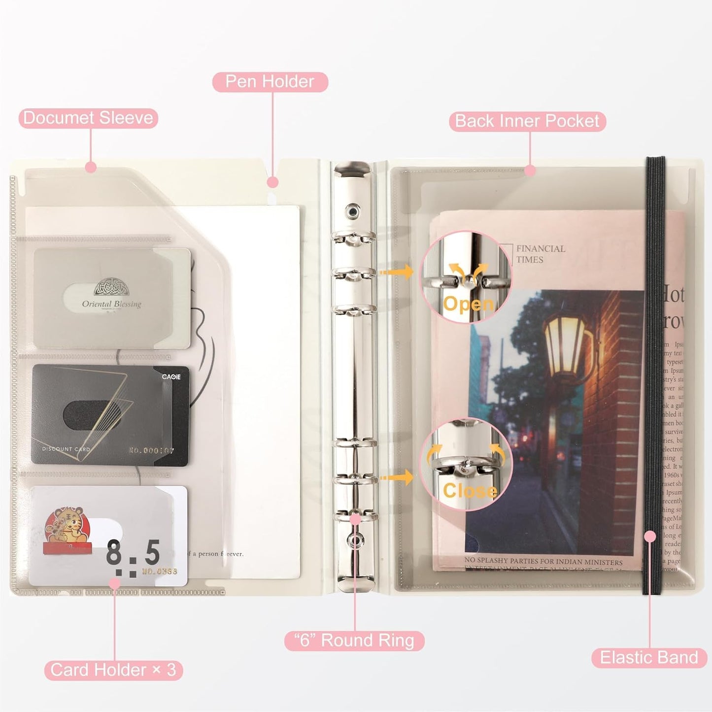 CAGIE A5 Binder 6 Ring Notebook with Dividers Refillable Planner Binder with Pockets, Refill Paper Include Planning Square Ruled and Dotted Pages, 6.89 x 9.25 In, (Pink, A5 Daily&Dot Page)