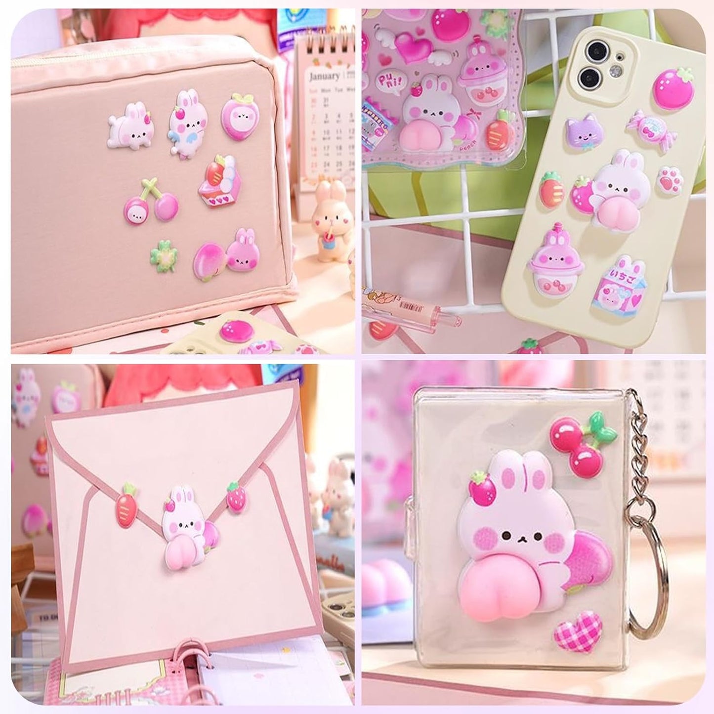 Kawaii Puffy Sticker Set, 3D Bubble Animal Foam Sheets for Kids Girls, Squishy Bear Bunny Peach Designs for Phone Case Laptop Notebook Scrapbook DIY, Cute Pastel Gift Pack, 2 Sheets (Blue & Pink)