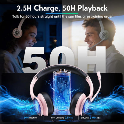Wireless Headsets with Microphone, Ultra Lightweight& 50+ Playtime, Wireless Headset for Cell Phones, On Ear Bluetooth Headphone Fit for PC/Call Center/Computer/Laptop/Teams - Light Pink
