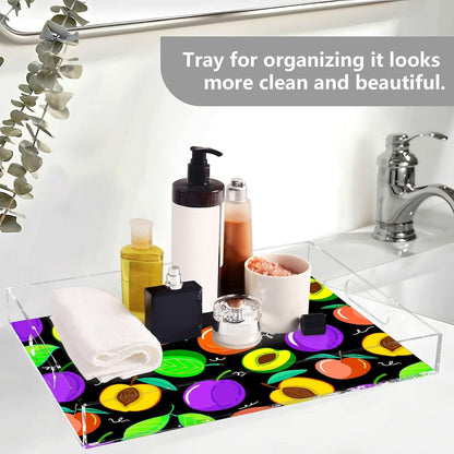 Peach Fruit Drawing Black Serving Tray with Handles Decorative Ottoman Rectangle Acrylic Tray for Kitchen Coffee Table Living Room 16x12 Inches
