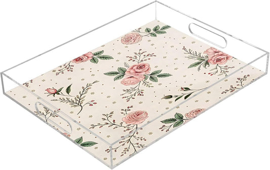 Vintage Floral Pink Serving Tray 12" x 16" Acrylic Trays with Handles Decorative Serving Platter for Coffee, Breakfast in Bed, Dinner, Appetizers, Patio, Party