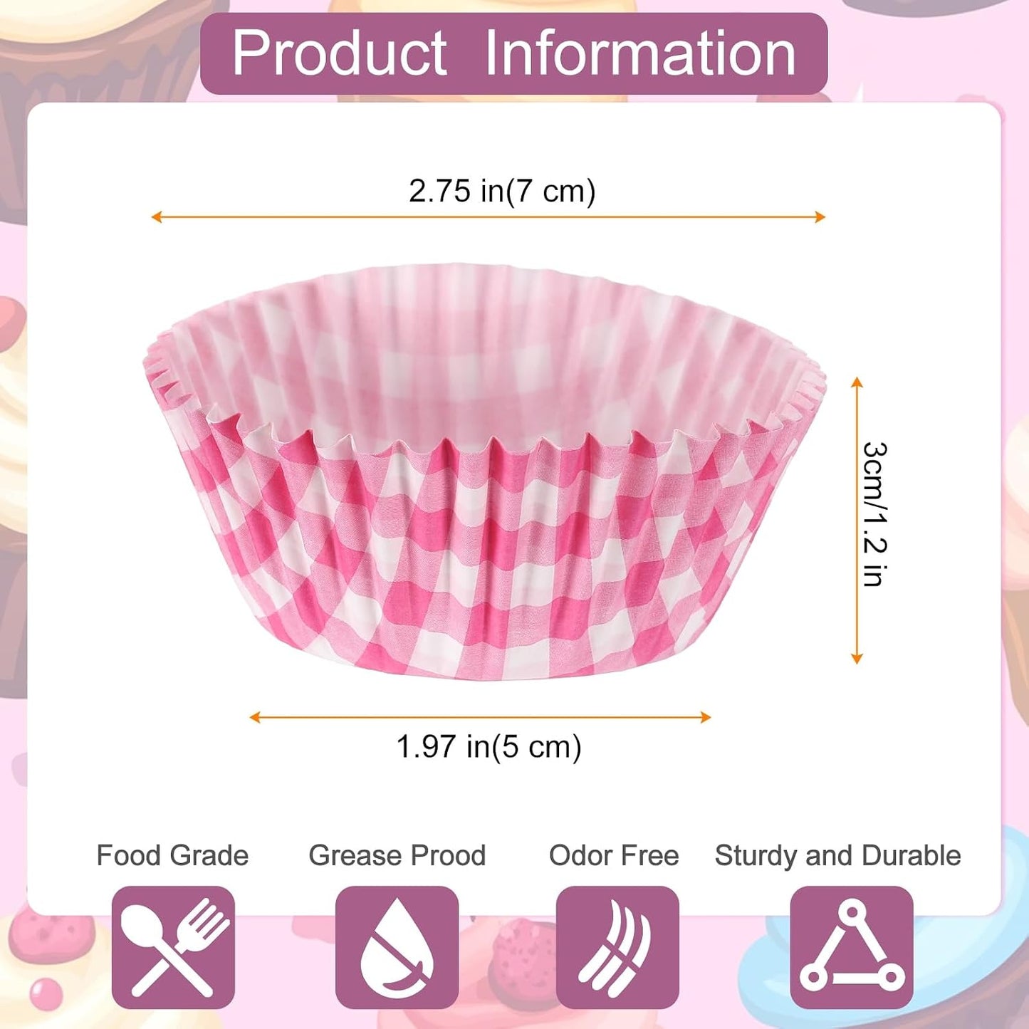 HARFINGTON 100 Count Cupcake Liners Cupcake Cups Standard Size Muffins Liners Papers Baking Cups Wrappers Greaseproof for Party Wedding, Pink Grid