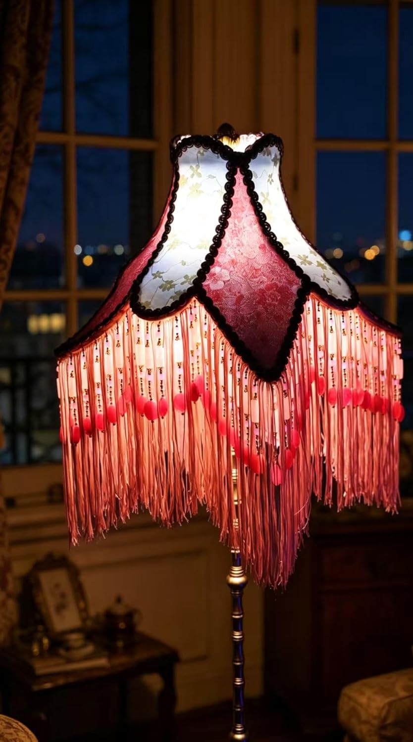 Shabby Chic Victorian Floor Lamp, Pink Cherry Floral Embroidered Lampshade with Tassel Fringe, Brass Stand, Beho Retro Style Living Room Lighting