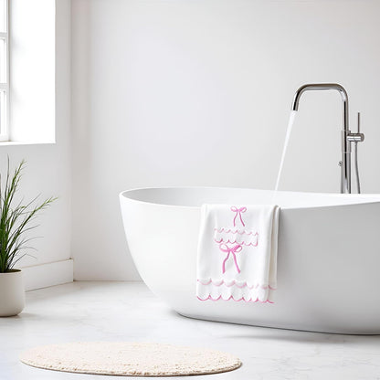 4 Pcs Scalloped Towels for Bathroom 100% Cotton 2 Bath Towels 2 Hand Towels Scallop Bathroom Towels Embroidered Dish Towel Decorative Soft Bath Towel for Kitchen (Bow Pink, 2*Bath+2*Hand towel)