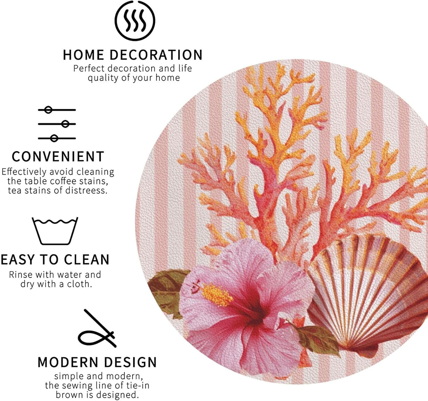 Light Pink Scallop Shell Hibiscus Flower Drinks Coasters Set of 4 Leather Drink Coasters for Tabletop Protection Heat Resistant Bar Cup Mat Pad
