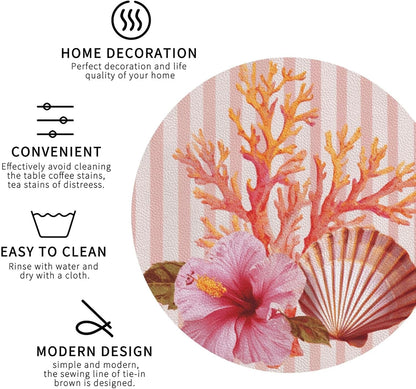 Light Pink Scallop Shell Hibiscus Flower Drinks Coasters Set of 4 Leather Drink Coasters for Tabletop Protection Heat Resistant Bar Cup Mat Pad