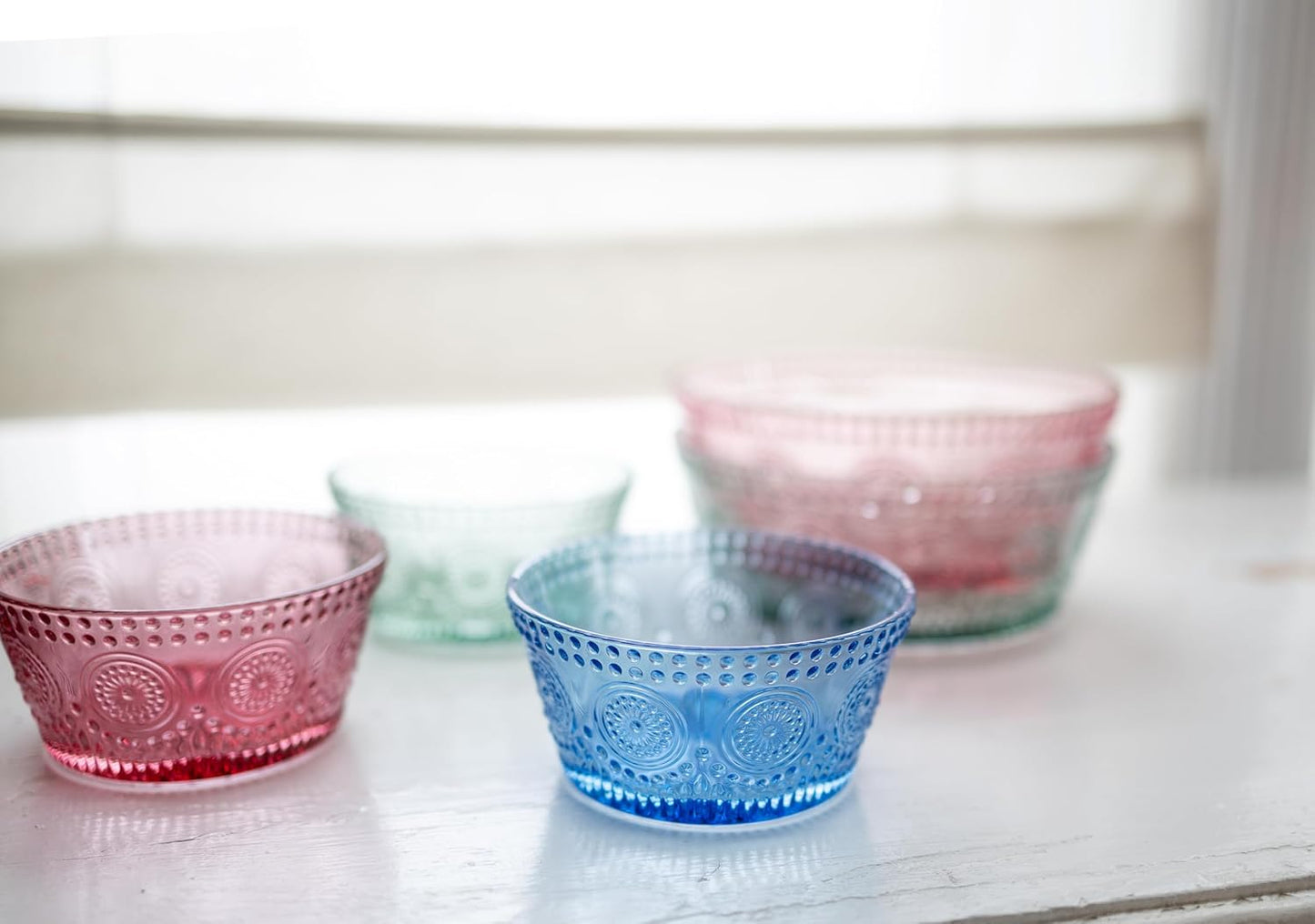 Boston International Vintage-Inspired Glass Serving Bowl with Embossed Floral Pattern for Salad Snacks Dinner, Small 4.75" x 2.25", Pink Codi