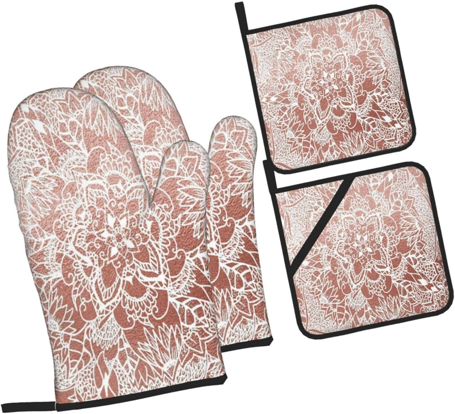 Rose Gold Pink Flower Pattern 4 Pack Custom Design Oven Mitts Pot Holders Set, Thick Polyester Kitchen Gloves for Home Baking Backyard Grilling