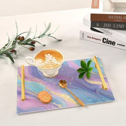 Pastel Pink Blue Marble Bathroom Perfume Vanity Tray Acrylic Serving Tray with Handles Decorative Party Platters for Coffee Tea Table Kitchen Countertop
