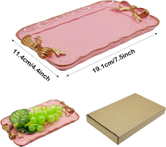 Cayway Vintage Decorative Tray Towel Tray, Vintage Resin Tray, Bow-Knot Resin Dish Plate for Fruit Trays Rings Bracelets Earrings Holder, Rectangle and Pink