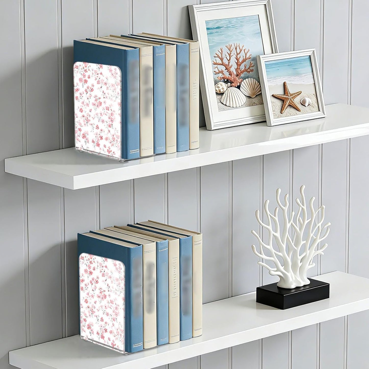Light Pink Small Floral 3 Bookends Book Ends for Shelves Heavy Books Stopper Decorative Acrylic Non-Slip 1 Pair