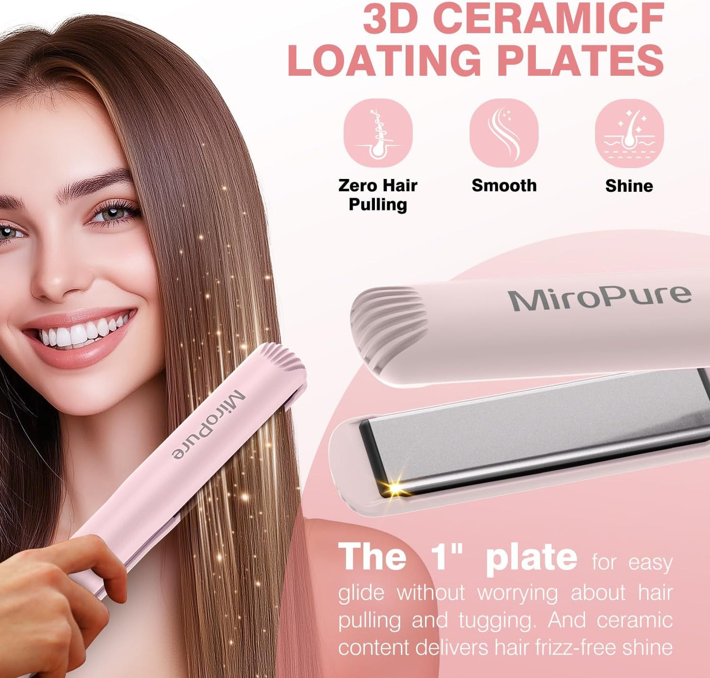 MiroPure 1 Inch Flat Iron, Hair Straightener with 30S Fast Heating & 60min Auto Shut-Off, Hair Straightener and Curler 2 in 1 with 3D Ceramic Floating Plates, Pink