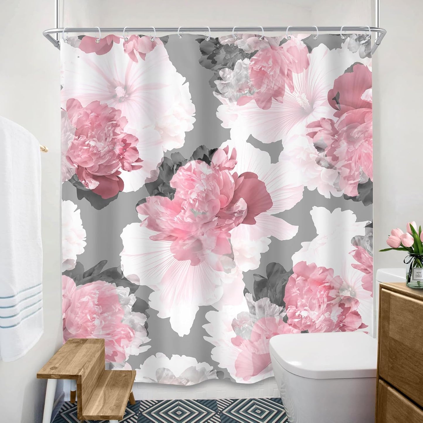 SVBright Pink Gray Flower Shower Curtain, Peony Floral Spring Watercolor Shower Curtain Woman Rose Nature Abstract Modern 60Wx72L Inch 12 Pack Hooks Polyester Waterproof Fabric Bathroom Panels