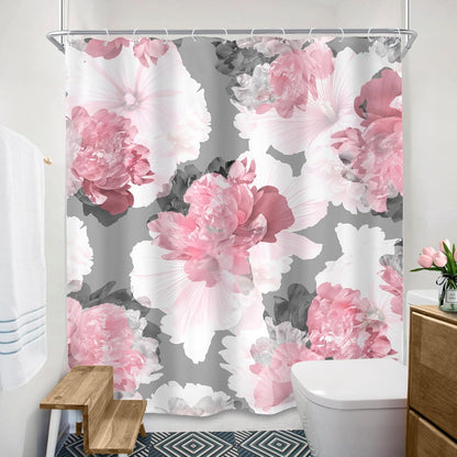 SVBright Pink Gray Flower Shower Curtain, Peony Floral Spring Watercolor Shower Curtain Woman Rose Nature Abstract Modern 60Wx72L Inch 12 Pack Hooks Polyester Waterproof Fabric Bathroom Panels