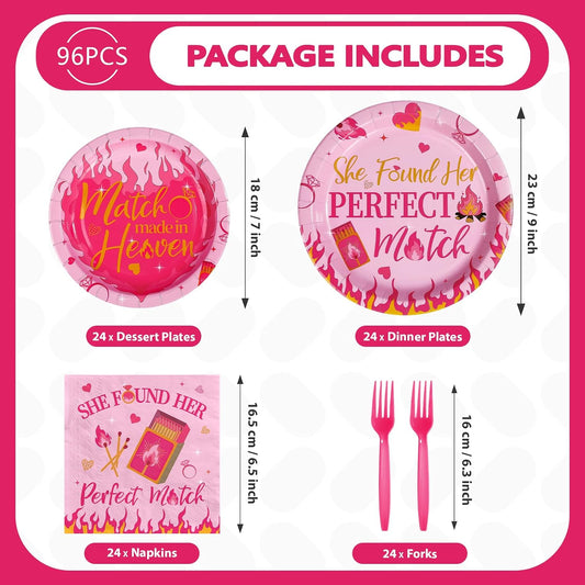96Pcs Perfect Match Bachelorette Party Supplies She Found Her Perfect Match Plates and Napkins Hot Pink Matches Tableware Set for Bridal Shower Bachelorette Engagement Party Decor Serves 24