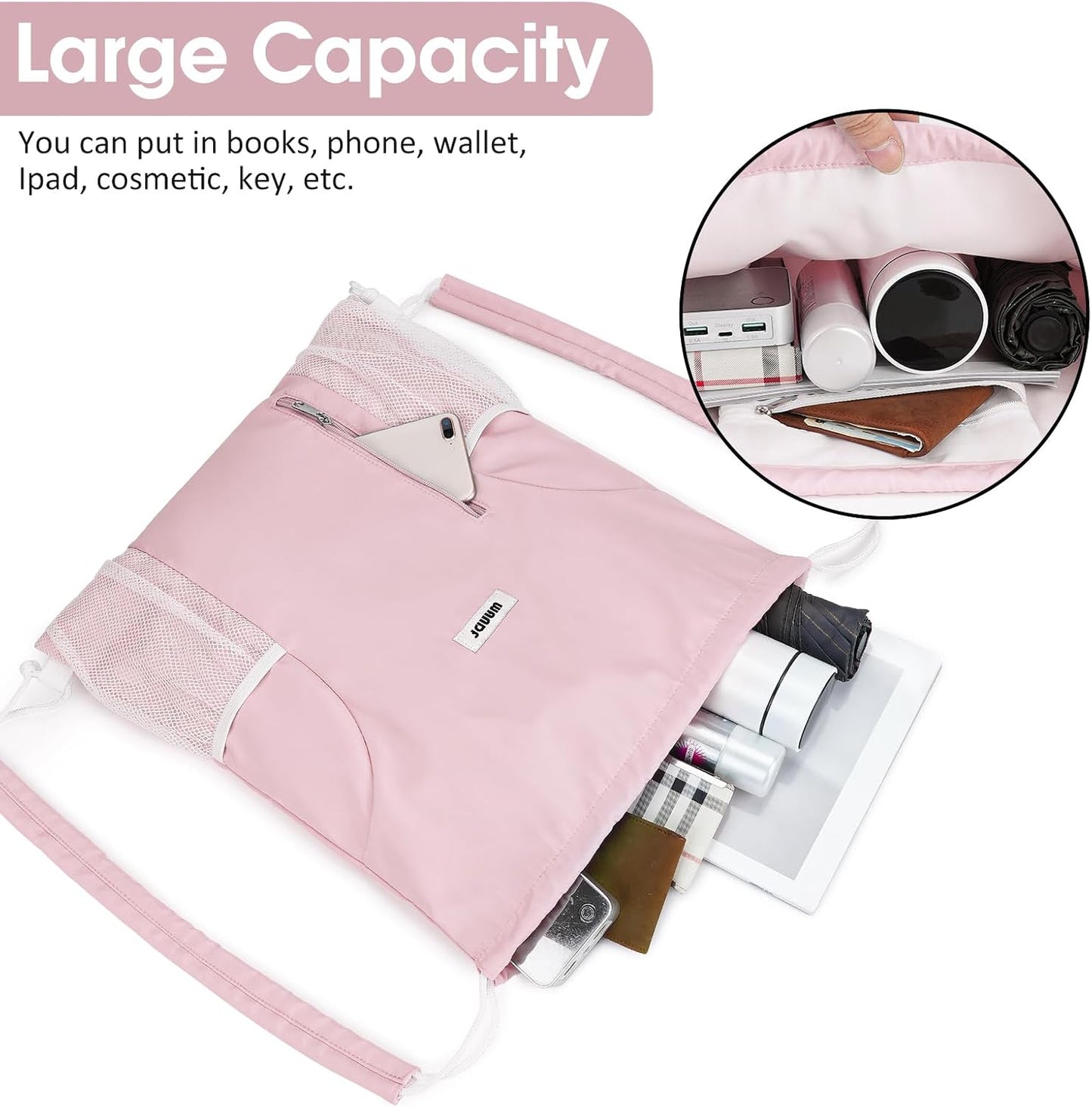 WANDF Drawstring Backpack with Shoulder Pad Sports Gym Backpack with Mesh Pocket String Bag for Women Men(Pink)