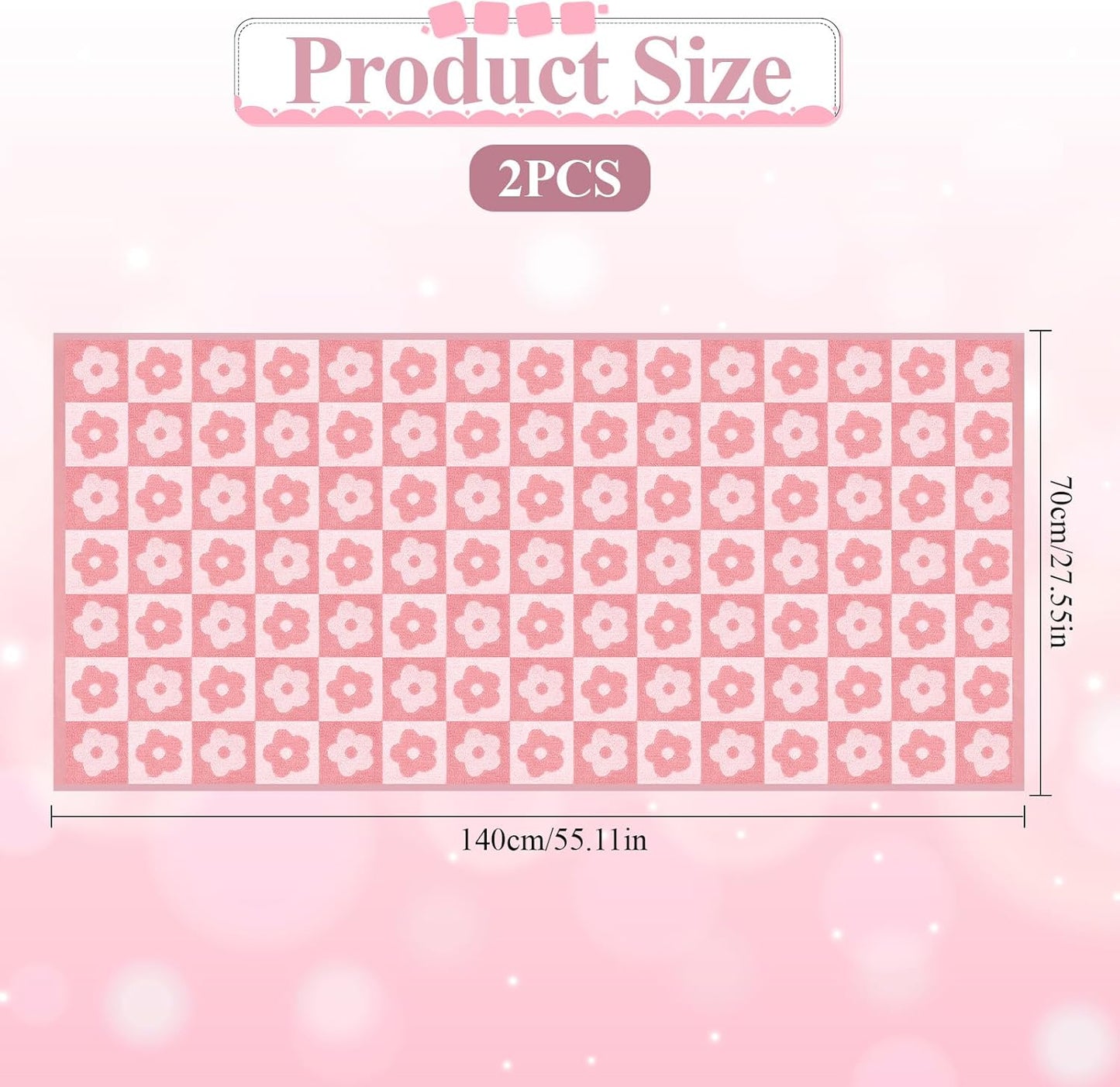 2 PCS Checkered Bath Towels Cute Cotton Floral Bath Towel Soft Absorbent Large Shower Towels for Bathroom, Pool, College Dorm, 27.5x55 Inches, Pink and Purple