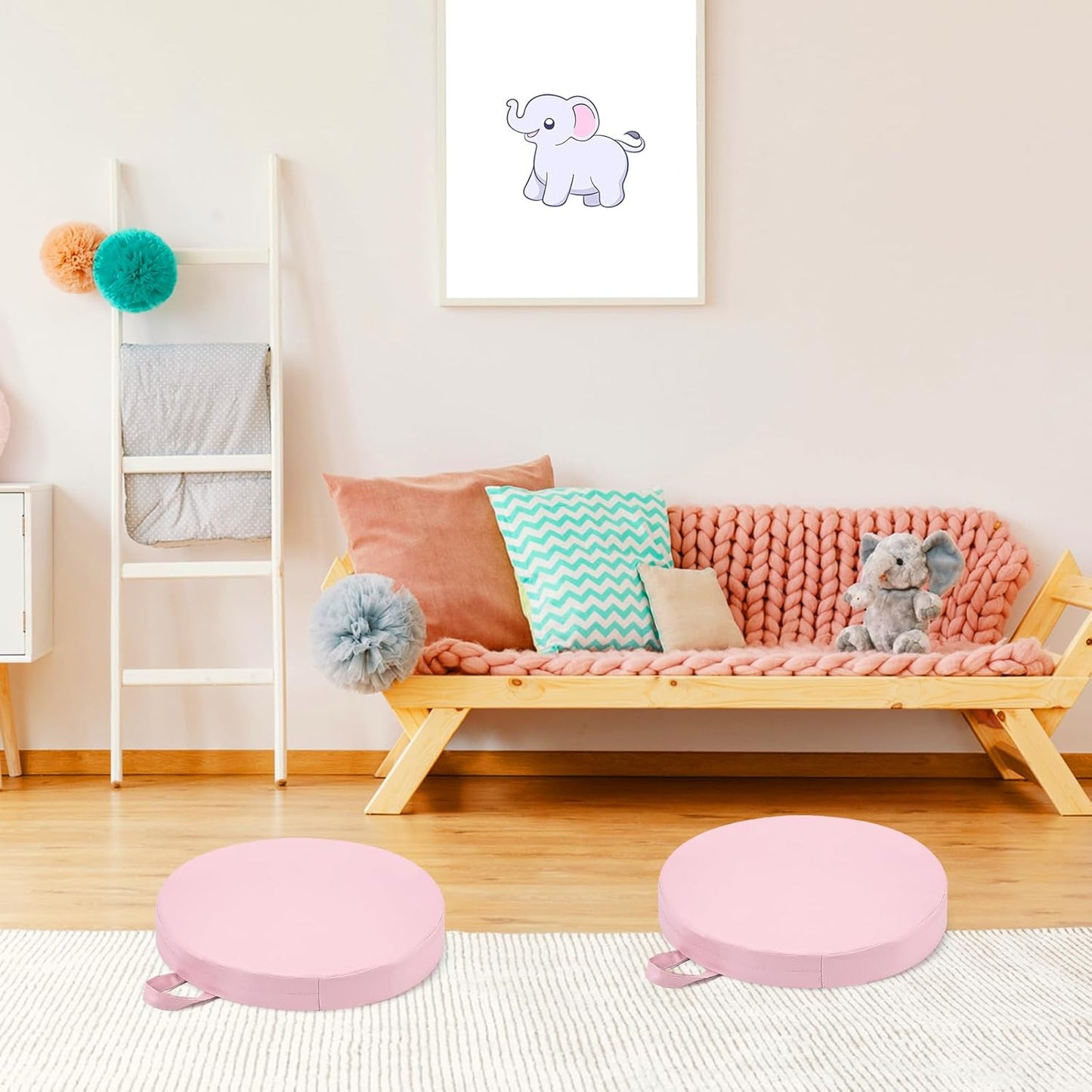 Sawysine 2 Pcs 14 Inch Floor Cushions with Handle, Flexible Round Floor Seating Pillows for Home School Classroom Kindergarten Daycare Nursery, 2 Inch Thick (Pink)