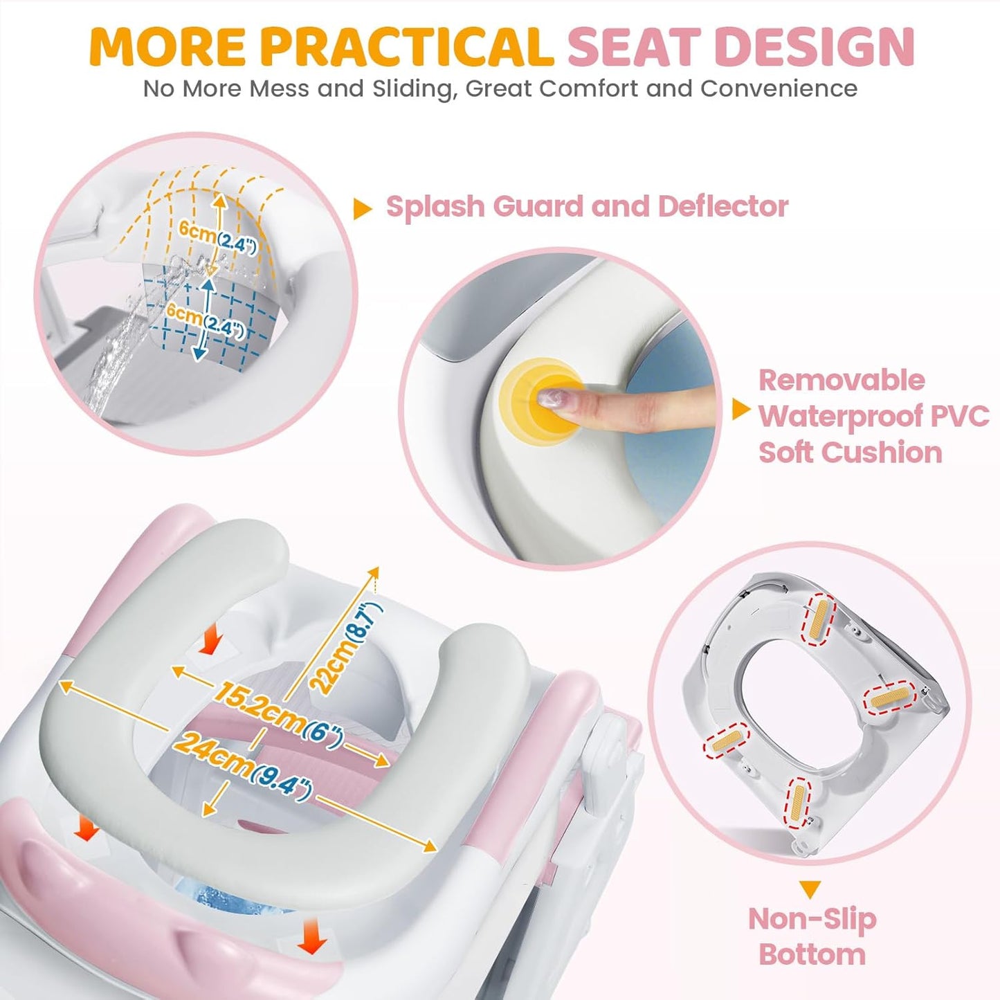 Orzbow Potty Training Seat with Step Stool Ladder for Toddlers, 7 Height Adjustable 2-in-1 Potty Training Toilet for Boys Girls, Splash Guard, Non-Slip, Stable Triangular Fits Most Toilets, Pink