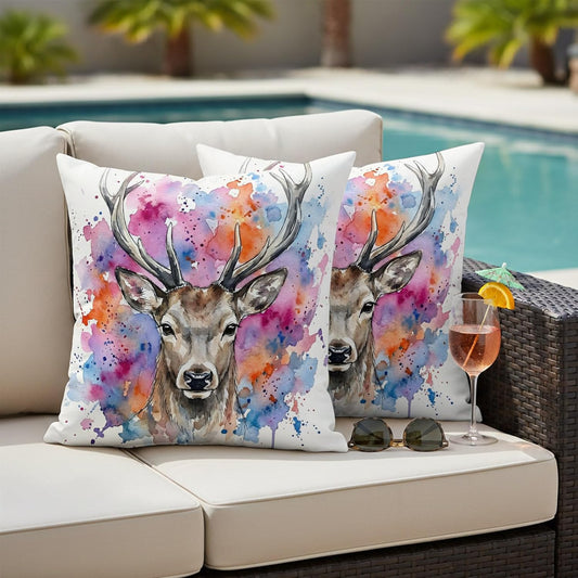 Elk Outdoor Pillow Covers 16x16 Inch Throw Pillow Covers Set of 2 Waterproof Decorative Pillow Cases Pink Purple Blue Watercolor Splashes Splatter Animal Cushion Covers for Patio Furniture Couch