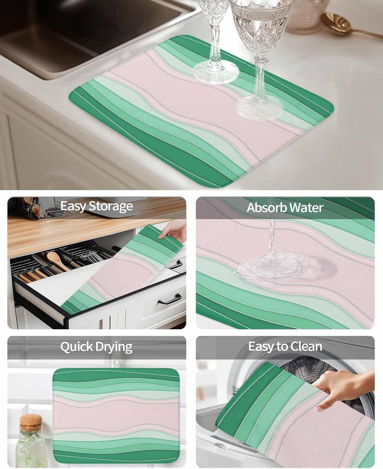 Dish Drying Mat 18 x 24 Inch, Green Stripes Absorbent Microfiber Coffee Mats for Kitchen Light Pink Ombre Simple Abstract Lines Quick Drying Dish Drainer Pad 1 Pack