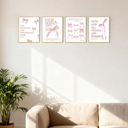Coquette Pink Bow Wall Art Decor Posters Set of 4, Wrinkle-Resistant Canvas Prints with Inspirational Bible Verses, 10x8 Inch UNFRAMED Christian Room Bedroom Dorm Bathroom Decor, Perfect Aesthetic Gift for College Teen Girls