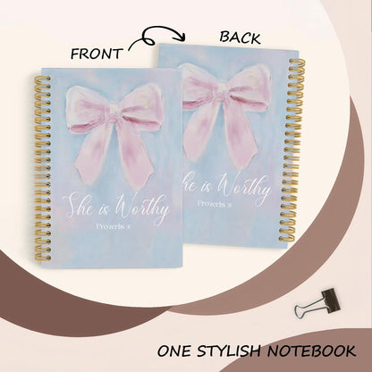 YLZlhb Pink Coquette Bow Christian Spiral Notebook Journal, Pastel Preppy Bible Notebooks for Note Taking, Christian Gifts for Women, She Is Worthy Religious Hardcover Spiral Journal 5.5x8.3 Inches